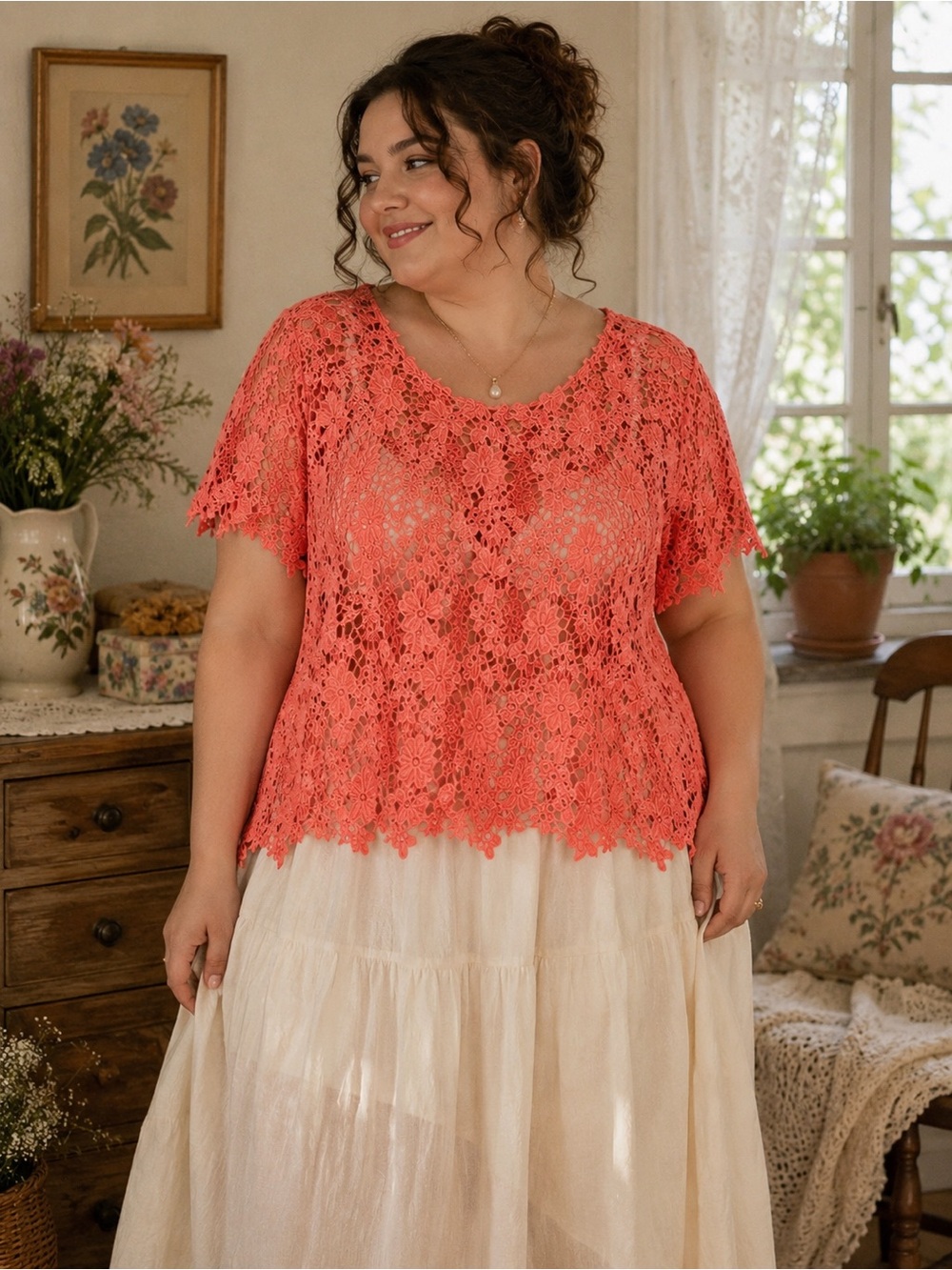 Liz Claiborne La Vie En Rose Lace Floral Coral Essence CottageCore Blouse 1X